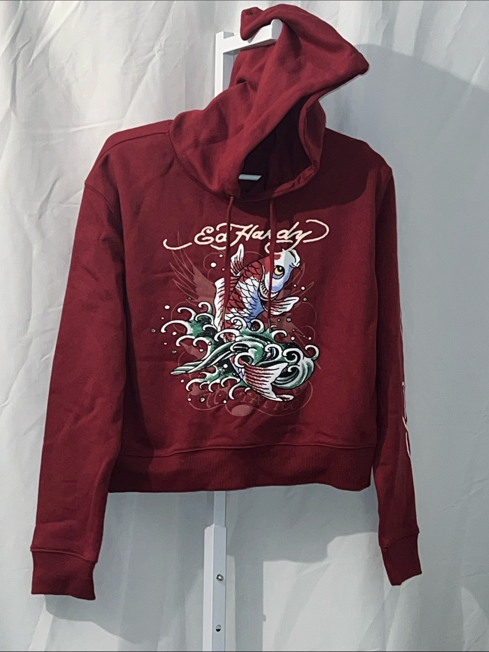 Ed Hardy Maroon Koi Graphic Cropped Hoodie